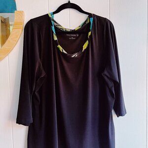 Susan Graver Liquid Silk Blouse With Print Accent at neckline XL